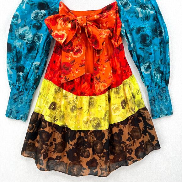 ALICE AND OLIVIA Rowen Tiered Babydoll Dress Womens XS Blue Red Floral Print - Picture 7 of 16
